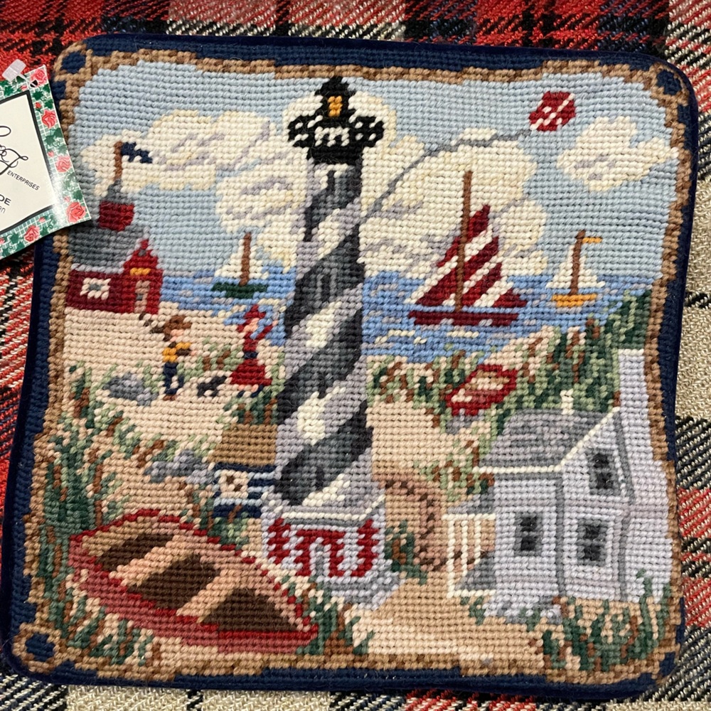 Lighthouse Nautical Sailboat Wool Needlepoint Pillow Cover NEW
